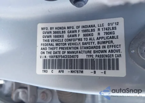 2012 Honda Civic Lx from USA, damaged, VIN 19XFB2F54CE034070